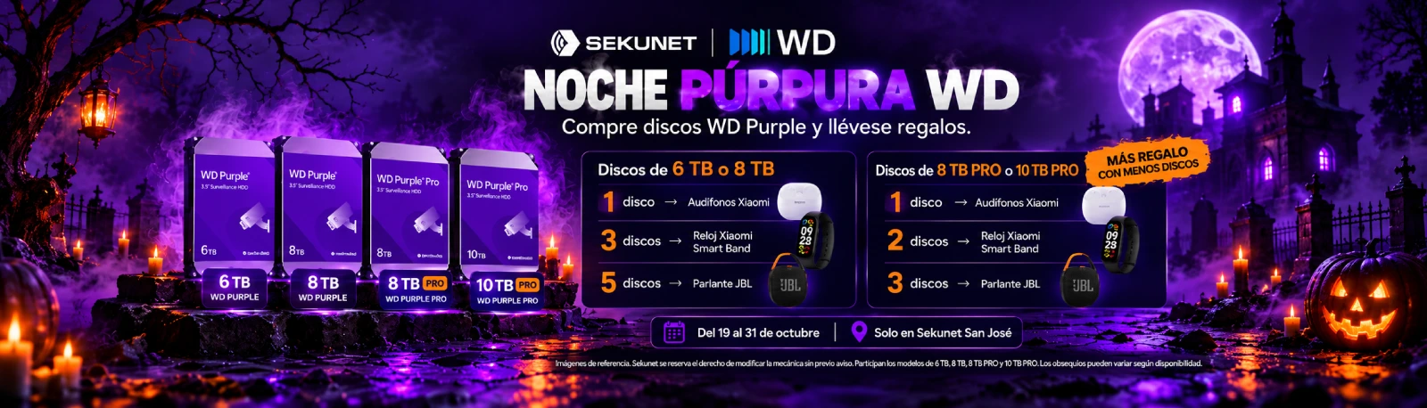 Noche Púrpura WD: compre discos WD Purple de 6 TB, 8 TB, 8 TB Pro o 10 TB Pro y llévese audífonos Xiaomi, reloj Xiaomi Smart Band o parlante JBL. Del 19 al 31 de octubre, solo en Sekunet