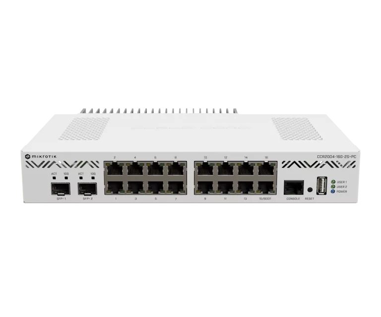 [MIK-CCR2004-16G-2S+PC] Cloud Core Router 1 núcleo, RouterOS L6 con 16 puertos Gigabit, 2 slots SFP+ 10G Refrigeración pasiva. Mikrotik