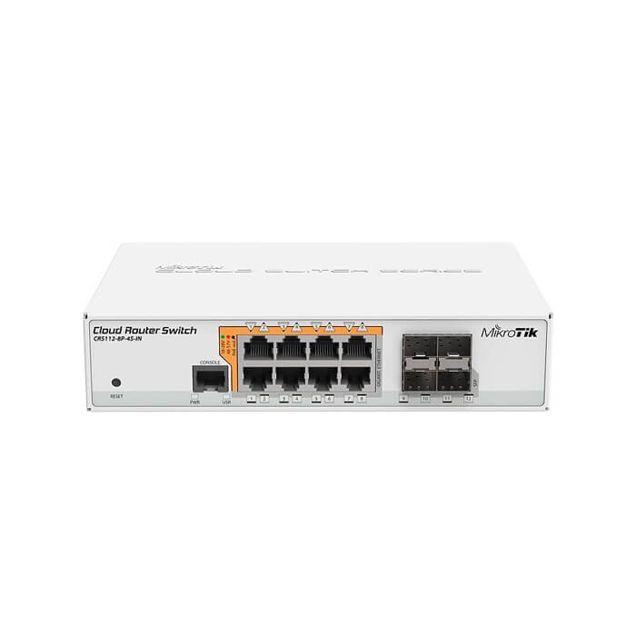 [MIK-CRS112-8P-4S-IN] Cloud Router Switch 112-8P-4S-IN con QCA8511 400Mhz CPU, 128MB RAM, 8 puertos Gigabit LAN con salida PoE, 4 módulos SFP, RouterOS L5, gabinete de escritorio, PSU. Mikrotik.