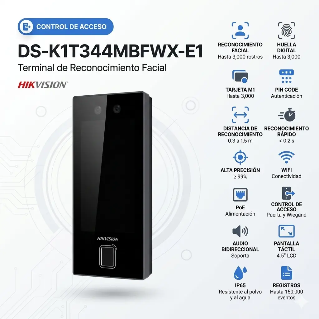 [HIK-DS-K1T344MBFWX-E1] Control de acceso, reconocimiento facial, huella y tarjeta M1, WiFi, PoE, audio bidireccional, IP65