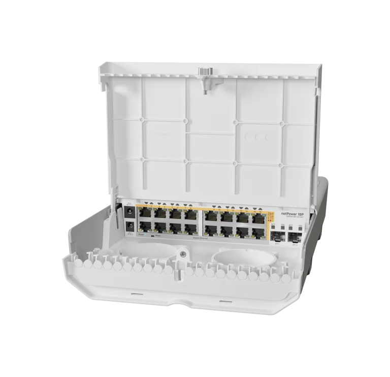 Switch MikroTik netPower 16P, para exteriores, 16pts con PoE 802.3af/at y 2 SFP+, RouterOS / SwOS
