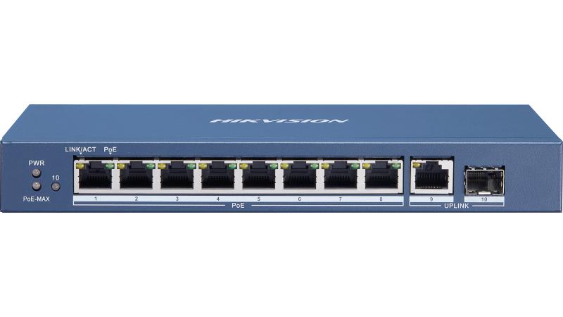 Switch 8 puertos PoE Gigabit 802.3 af/at (30 Watts) 120 watts en total, (no administrable), 1 puerto Gigabit UpLink, 1 puerto de fibra óptica Gigabit.