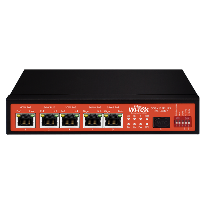 [WIT-WI-PS306GF-UPS-15A] Switch Wi-Tek de 5 puertos Gigabit PoE con SFP y control de carga