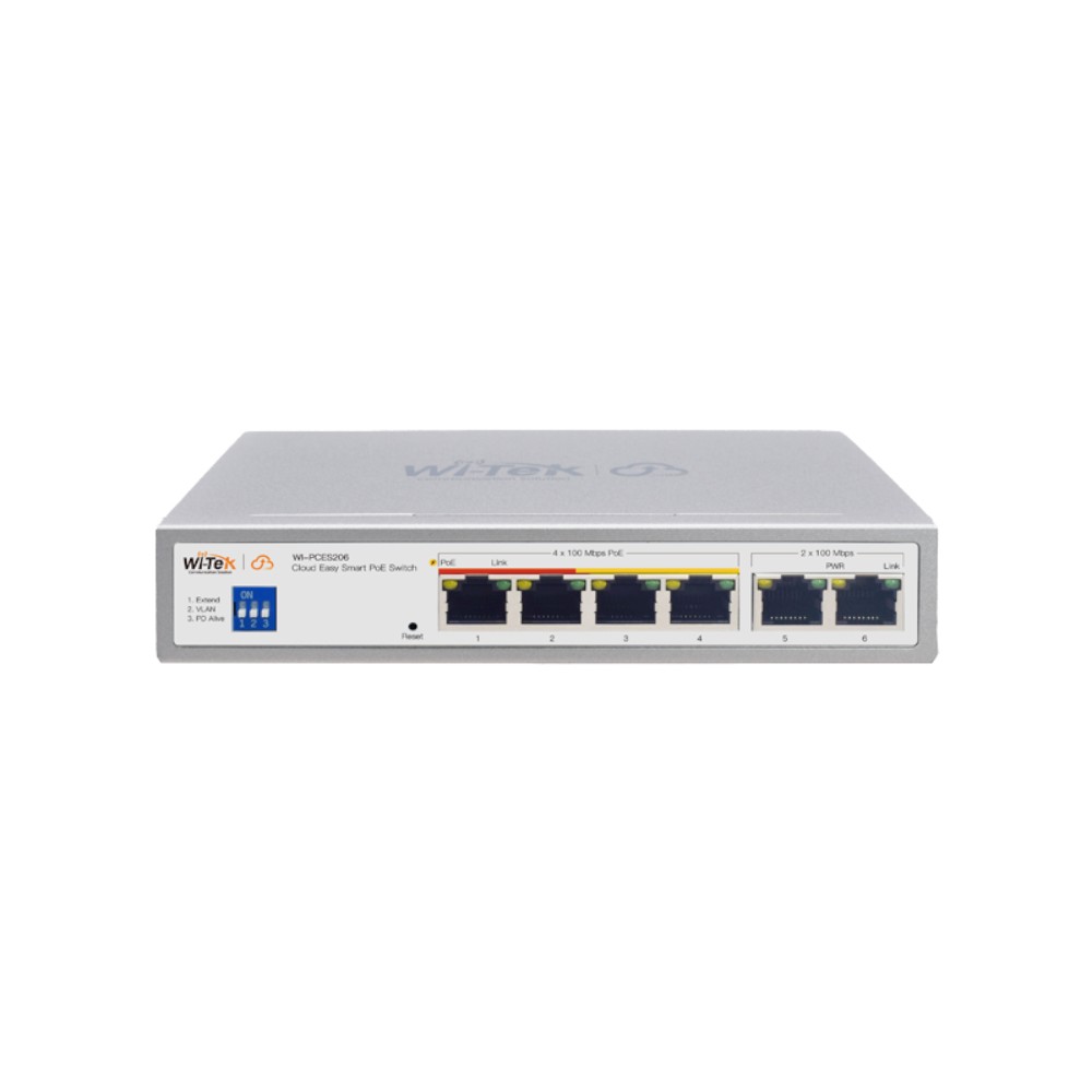 [WIT-WI-PCES206] Switch PoE gestionado en la nube, 4 puertos PoE RJ45 de 10/100 Mbps, 2 puertos Uplink, Consumo PoE: =90W puertos 1 y 2, =30W puertos 3 a 4, =60W de entrega total.