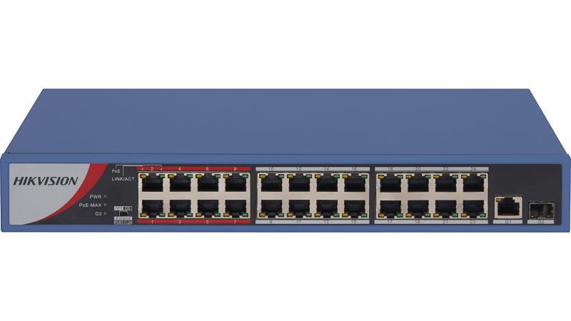 [HIK-DS-3E0326P-E-M] Switch PoE+ No Administrable, 24 Puertos 100 Mbps PoE+, 1 Puerto 1000 Mbps y 1 Puerto SFP Uplink, PoE hasta 250 metros, 230 Watts.