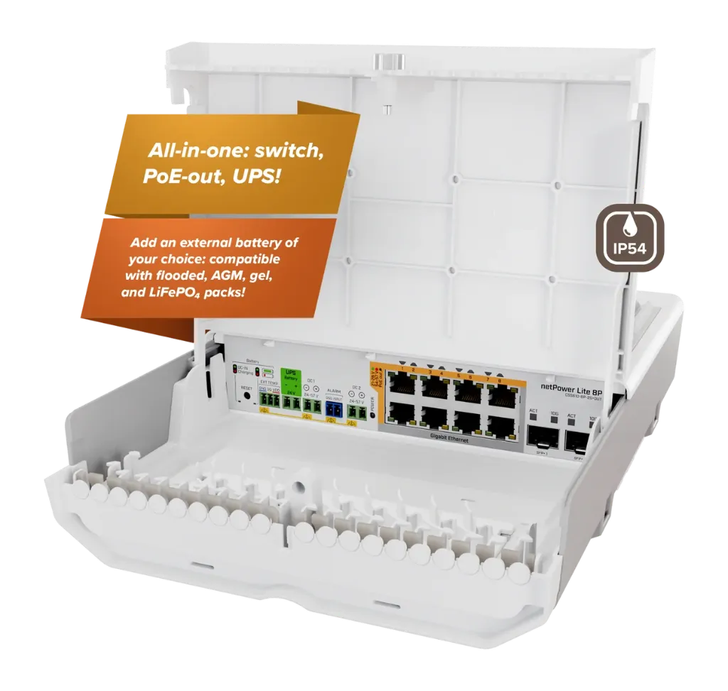 Switch MikroTik netPower Lite 8P, para exteriores, 8 pts POE out 802.3af/at, 2 SFP+ 10G, SwOS Lite