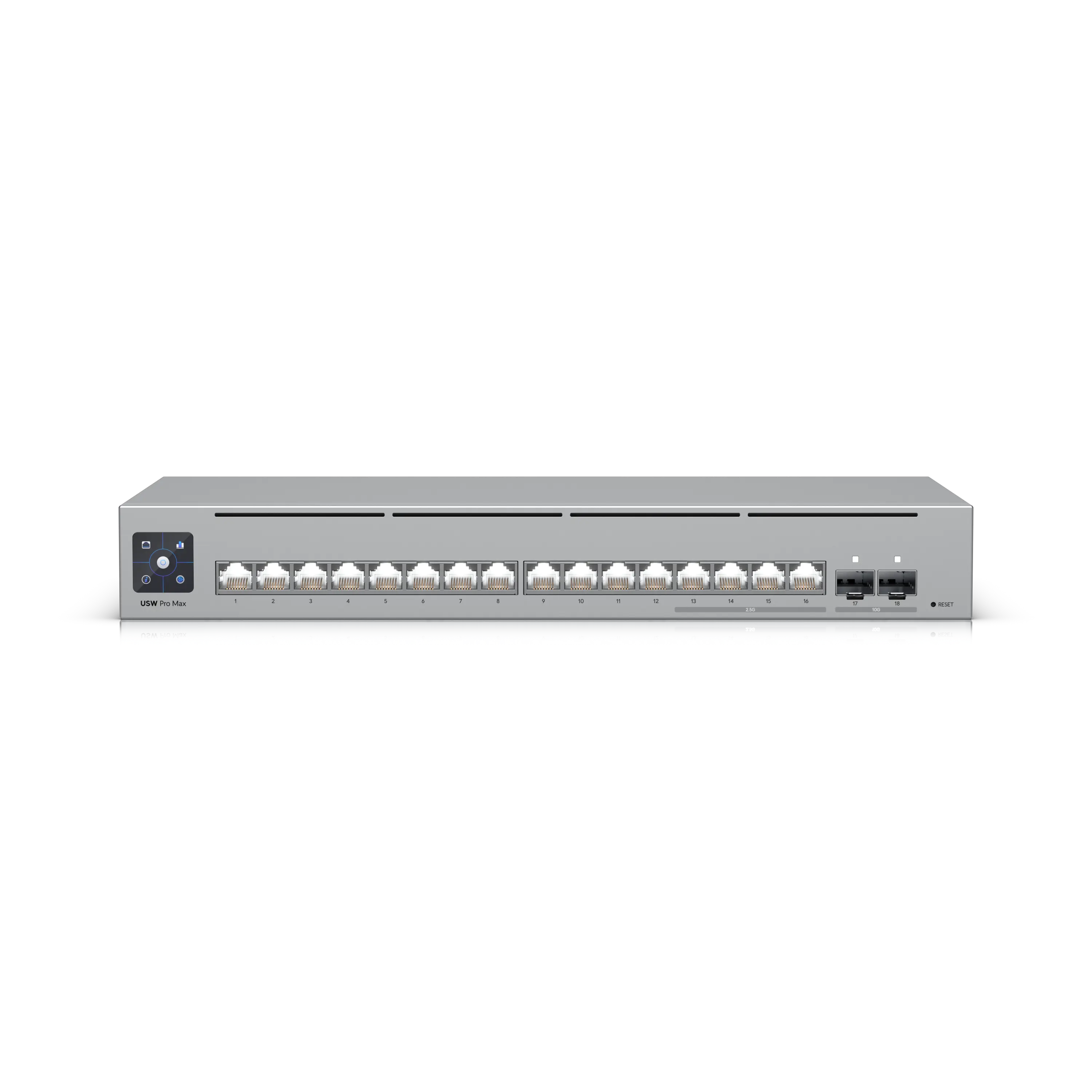 [UBT-USW-PRO-MAX-16] UniFi Pro Max 16 USW-PRO-MAX-16 — Switch capa 3 de 16 puertos con Etherlighting, (4) puertos 2.5 GbE, (2) uplinks 10G SFP+ y perfiles Pro AV para redes convergentes