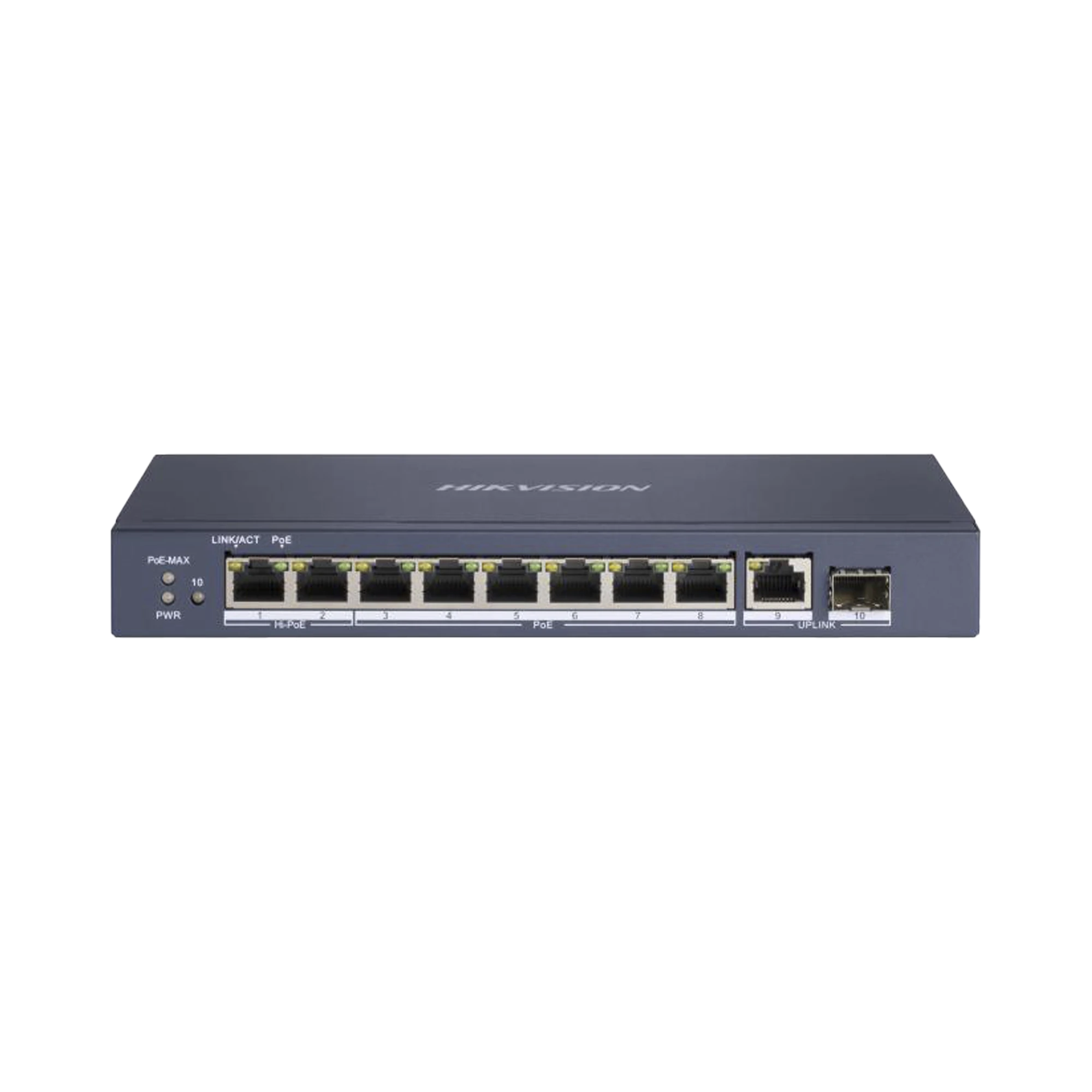 Switch PoE+, No Administrable, 7 Puertos 1000 Mbps 802.3 af/at (30 W), 2 Puertos 1000 Mbps Hi-PoE (90 W), 1 Puertos 1000 Mbps Uplink, 1 Puerto SFP, Modo Extendido hasta 300 Metros, 110 Watts