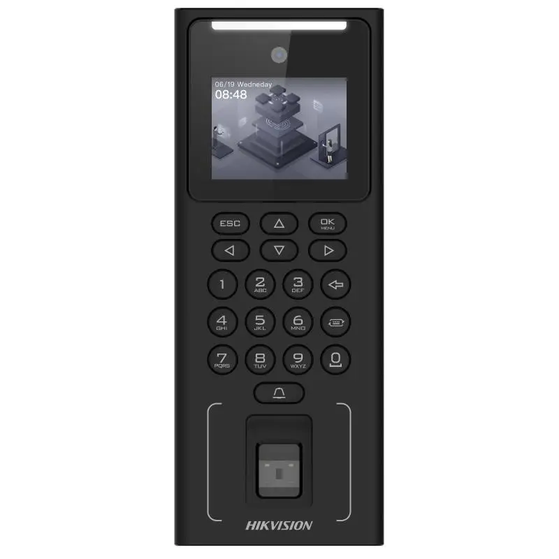 Control de acceso y asistencia facial, pantalla LCD 2.4", 500 Caras, 3000 tarjetas, 3000 huellas dactilares, 150,000 eventos, protocolos ISAPI e ISUP 5.0, Wifi 2.4G, RS-485, alimentación por batería