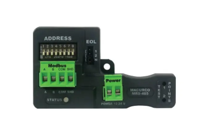 Módulo Adaptador de Comunicación Modbus RS-485 Macurco MRS-485. es un módulo de interfaz de red diseñado específicamente para integrar la línea de detectores de gas Macurco Serie 6 (CM-6, GD-6, TX-6, entre otros) en sistemas de control y automatización industrial. MACURCO