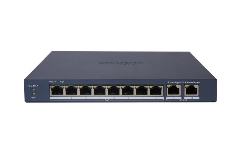 Switch Gigabit PoE+ / Administrable / 8 Puertos 1000 Mbps PoE+ / 2 Puertos 1000 Mbps de Uplink / Configuración Remota desde Hik-PartnerPro / Modo Extendido hasta 300 Metros / 60 W