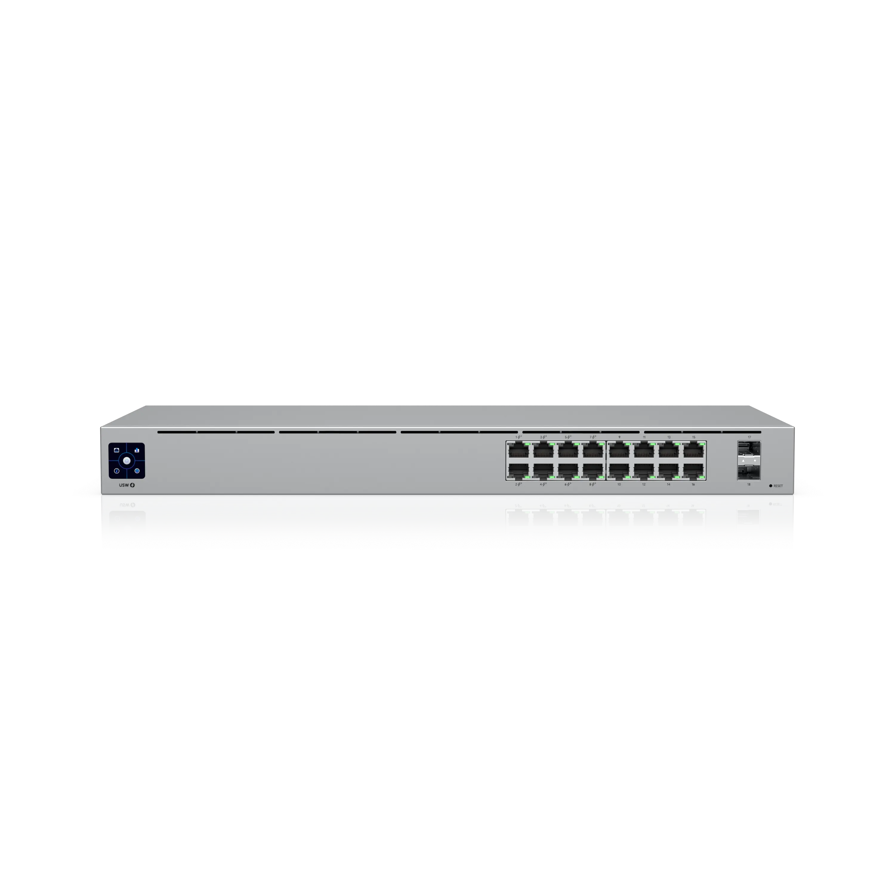 [UBT-USW-16-POE] UniFi Switch 16 PoE USW-16-POE — Switch capa 2 de 16 puertos GbE con 8 puertos PoE+ (42W), (2) uplinks SFP 1G, pantalla LCM táctil y diseño de rack 1U sin ventilador